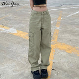 Amfeov Harajuku Baggy Pockets Cargo Pants Women Vintage 90S Streetwear Straight Pants Grunge High Waist Y2K Aesthetic Solid