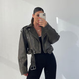 Fall outfits back to school Washed PU Leather Women's Jacket Vintage Collar Short Coat Belt Zipper Female Overcoat Loose Casual Motorcycle Streetwear Tops