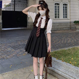 Amfeov back to school Hot Girl College Style JK Uniform Puff Sleeves Black Suspenders Black Pleated Dress Female Summer Suit