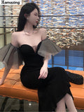 Amfeov Summer French Style Women Elegant Party Prom Black Dress Female Fashion Sexy Spaghetti Strap Chic Clothes Vestidos