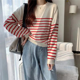 Amfeov Women Knitted Pullovers Shirt Autumn Winter Clothes Solid Round Neck Stripe Sweaters Jumper Female Long-Sleeved Tops