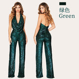 Amfeov Sexy Backless Gold Sequin Bosycon Jumpsuit Women Long Sleeve Evening Party Night Club Bodysuit One Piece Rompers Overall Pant