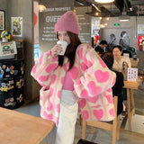Amfeov Pink Heart Women Faux Fur Teddy Jackets Outerwear Female Overcoat Winter Coats Japanese Korean Fashion Kawaii Lambswool Coats