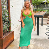 Amfeov Green Backless Maxi Dress For Women 2023 Summer Halter Hollow Out Sleeveless Beach Dress Y2K Fashion Knitted Slim Party Dress