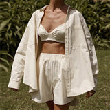 Amfeov Women Suits With Shorts Casual Loose Long Sleeve Cardigan Pajamas 3 Piece Set Summer Sleepwear Peignoir Homewear