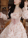 Amfeov back to school Pink Floral Korea Sweet Elegant Dress Women Bandage Lace Print France Vintage Dress Puff Sleeve Princess Kawaii Fairy Dress 2024