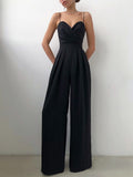 AMFEOV Classy Lady Suspender Jumpsuit Pleated V-Neck Wide Leg Floor-Length Overalls Summer 2022 High Street Female Jumpsuit