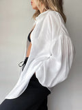 AMFEOV Crepe Soft Sunshirts Casual Lantern Sleeves White Blouses And Shirts Chic Turn Down Collar Pleated Summer Tops 2024