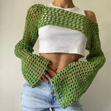 Amfeov 2022 Summer Green Long Sleeve Smock Knitted Crop Top Women Y2k Beach Sexy Backless Hollow Out T Shirts Party Casual