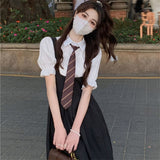 Amfeov back to school Hot Girl College Style JK Uniform Puff Sleeves Black Suspenders Black Pleated Dress Female Summer Suit