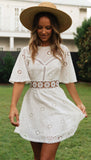 Amfeov Flare Sleeve Cotton White Lace Dress Women Casual Ladies Summer High Waist Short Dress Backless Hollow Out Vestidos