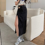 Amfeov back to school  Long Denim Skirt Vintage Women Solid High Waist  A-LINE Slim Korean Style Jean Slit Midi Skirt Summer Fashion Girl