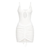 Amfeov Sexy Hollow Out Mini Dress Women Fashion Strap Ruched Bodycon Beach Dresses 2023 Summer White See Through Night Club Outfits