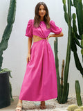 AMFEOV Holiday Hollow Out Long Dress Pink Puff Sleeves Backless Dress Summer Dresses A-Line Woman 2022 Round Neck Midi Lady