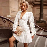 Amfeov Elegant Women Casual Streetwear Dress 2022 New Summer Sexy V Neck Long Sleeve Fashion White Lace Club Party Female Dresses