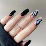 Christmas manicure   Fall nails back to school W092 Fashionable False Nails for Women - Medium T-Type with Mysterious Black Butterfly Design - Set of 24 Nail Art Stickers