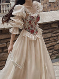 Amfeov back to school French Vintage Print Floral Dress Women O-neck Elegant Evening Party Midi Dress Female Puff Sleeve Korea Fairy Dress Summer 2024