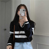 Amfeov Preppy Style Striped Women's Sweater Korean Fashion Polo Collar Loose Long Sleeve Top Y2k Clothes Sweater Women Autumn Winter