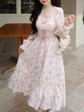 Amfeov back to school Pink Floral Korea Sweet Elegant Dress Women Bandage Lace Print France Vintage Dress Puff Sleeve Princess Kawaii Fairy Dress 2024