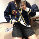 Fall outfits back to school Autumn and winter new sweater Korean version of the letter knitted jacket cardigan women loose contrast color casual jacket