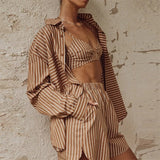 Amfeov Women Suits With Shorts Casual Loose Long Sleeve Cardigan Pajamas 3 Piece Set Summer Sleepwear Peignoir Homewear