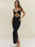 Amfeov back to school Sanches Spaghetti Strap Summer Maxi Dresses for Women Solid Cut Out Backless Bodycon Split Long Dresses Casual Y2K Evening Dress