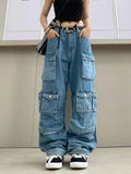 Fall outfits back to school Sigutan New Multi-Pocket Blue Washed Cargo Pants Retro High Street Fashion High Waist Jeans Couple Simple Casual Wide Leg Pants