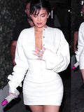 Amfeov Long Sleeve White Dress For Women Autumn Elegant Fashion Single Breasted Slim Mini Party Dress Evening Outfits Vestido