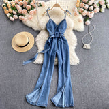 Amfeov Cotton Elegant Denim Jumpsuit Women Sleeveless Belted Fashion Hipster Casual High Street Wide Legs Activewear Outfits