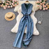 Amfeov Fashion Casual Slim Denim Wash Romper Bodysuit Vest Clothing Women Blue Jeans Jumpsuit Vintage Elegant Buttons Up Playsuits