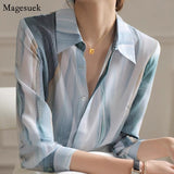 Amfeov back to school 2024 Spring Summer Casual Silk Shirts Vintage Print Chiffon Shirt Women Button Up Lady Tops Long Sleeve Satin Blouse Women 21808