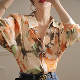 Amfeov back to school 2024 Spring Summer Casual Silk Shirts Vintage Print Chiffon Shirt Women Button Up Lady Tops Long Sleeve Satin Blouse Women 21808