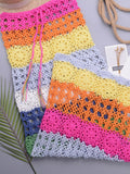 back to school Sanches  Cutout Colorblock Hand Crochet Beach Long Skirt Bikini One-Piece Sunscreen Cover Up Skirt