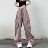 Amfeov Barbie outfits Women's American High Street Pink Camouflage Cargo Trousers Summer Street Multiple Pockets Female Loose Straight Wide Leg Pants