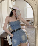 Amfeov 2022 Summer Tube Top Denim Jumpsuit Shorts High Waist Fashion Jumpsuit Female Rompers With Free Belt Overalls