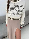 Amfeov Elegant Loose Sweaters For Women Fashion Letter Long Sleeve Knitted Top Pullovers Casual Round Neck Jumpers Autumn Winter