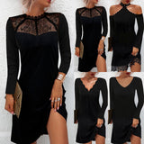 Amfeov Black Dresses For Women Lace Long Sleeve Dress 2022 Fashion Ladies Slim Fit Sexy Party Dress Vestido Feminino Fashion