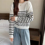 Amfeov Women Knitted Pullovers Shirt Autumn Winter Clothes Solid Round Neck Stripe Sweaters Jumper Female Long-Sleeved Tops