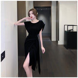 Amfeov Summer New Elegant Midi Lace Up Dress For Women Solid One Piece Slim Clothing Femme Fashion Office Lady Vestidos