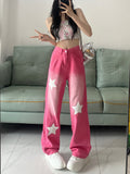 Barbie outfits Women's Star Printed Tie-dye Pink Jeans Summer New Street Style Sweet Cool Female Loose High Waist Straight Casual Denim Pants