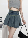 Amfeov hoco dresses back to school  Denim Pleated Skirt Women Vintage Streetwear High Waist A-line Raw Edge Korean Fashion Blue Jean Mini Skirt Summer Y2k