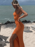 Amfeov back to school Sanches Backless Knitted Summer Dress Women 2024 Sleeveless Strapless Bodycon Split Maxi Dress Casual Y2K Beach Club Dress