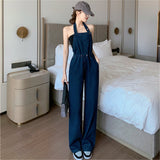 Amfeov High Waist Casual Halter Neck Denim Overalls Women's Summer 2022 New Loose Straight Wide-Leg Mopping One-Piece Trousers