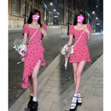 Amfeov Barbie outfits Women's Square Neck Floral Bubble Short Sleeves Dress Design New Summer Chic Female Sexy Irregular Ruffled Skirt