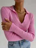 Amfeov Elegant Woman Sweater Pink V-Neck Long Sleeve Slim Knitted Tops Pullovers Winter Casual Basics Jumpers Knitwears 2023 Spring