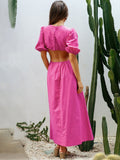AMFEOV Holiday Hollow Out Long Dress Pink Puff Sleeves Backless Dress Summer Dresses A-Line Woman 2022 Round Neck Midi Lady