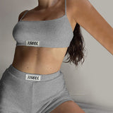 Amfeov Cotton Home Suit Gothic Angel Letter Embroidery Women Pajamas Streetwear Gyms Two Piece Set Mini Crop Top Camisole Sporty Shorts