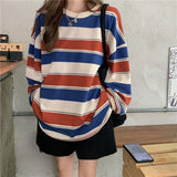 Amfeov Preppy Style Striped O-Neck Long Sleeve Oversize T-Shirt Harajuku Lloose Top Spring/Autumn Women's Clothing Casual T-Shirt