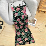 Amfeov back to shcool High Quality 2024 Summer Women Dream Man black-pink velvet burnt flower babes openwork backless skinny slip dress Medium Length