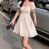 Amfeov Dresses Women Puff Sleeve Holiday Sundress Hollow Out Floral Design Korean Style College Lovely Simple Trendy Summer Vestidoes